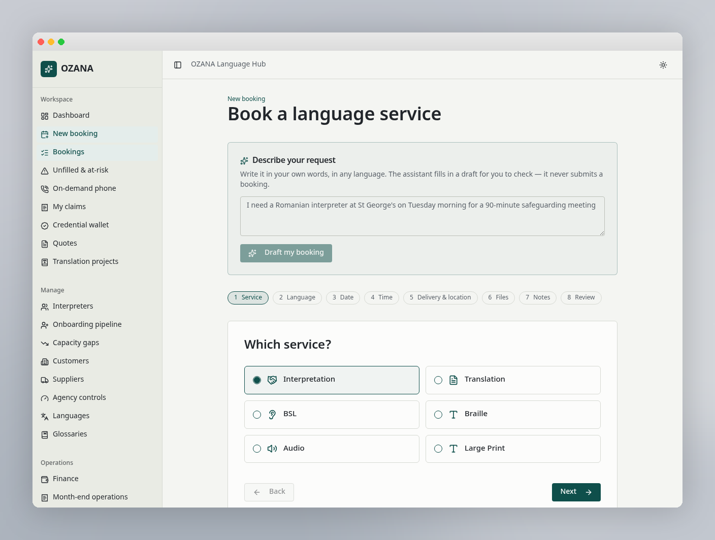 OZANA booking wizard drafting an interpreter booking from plain language