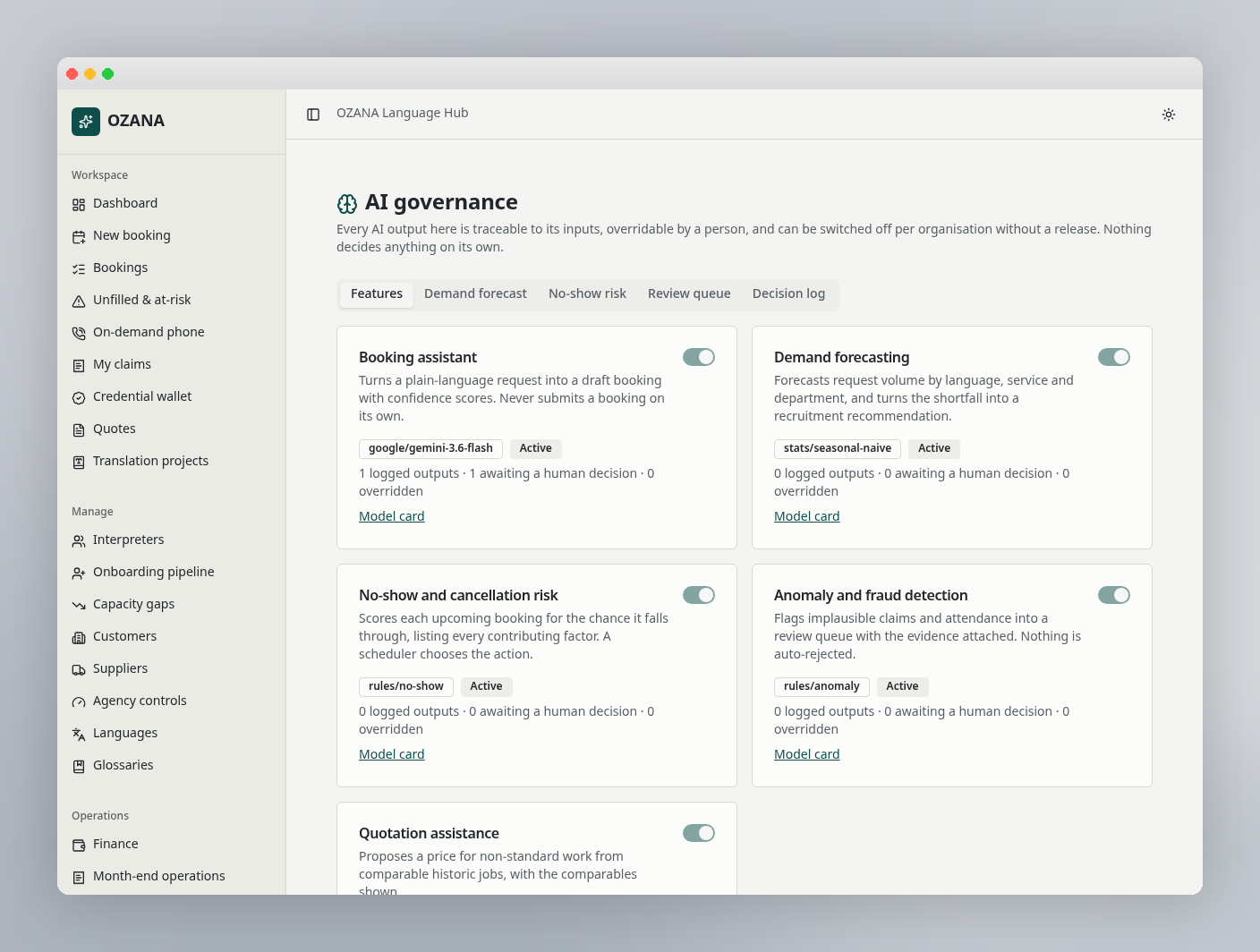 OZANA AI governance screen listing AI features with human review controls